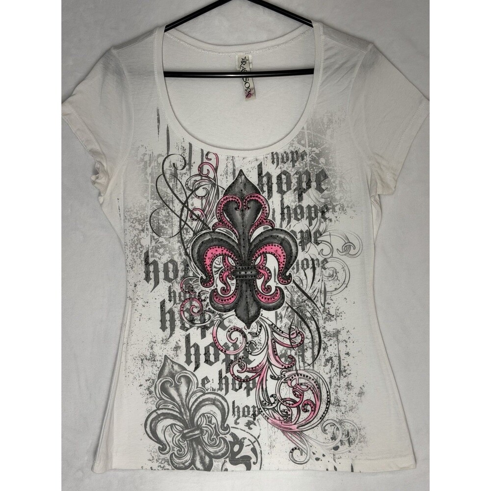 Y2K Fleur De Lis Rhinestone Tee McBling Grunge Sleaze Goth Tattoo Hope White XL
